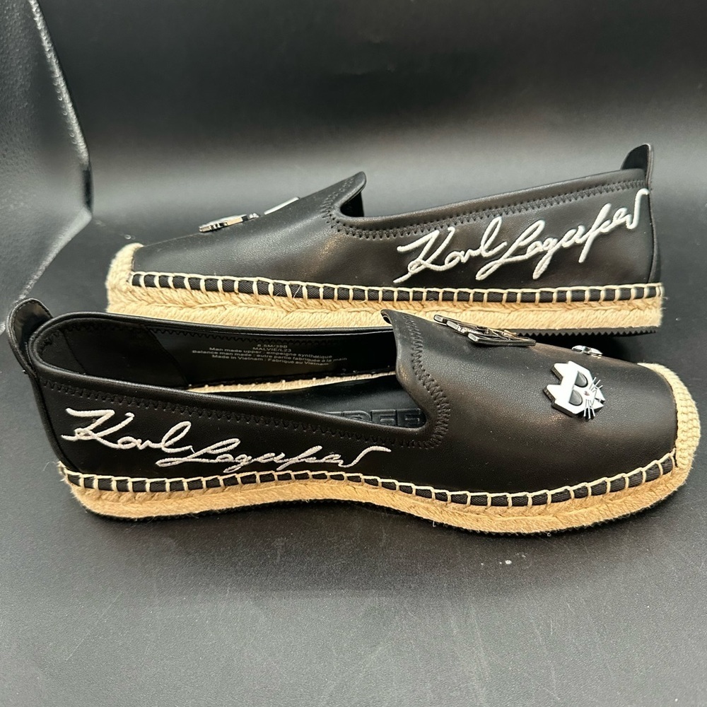 NWOB KARL LAGERFELD Malvie Logo Embellished Espadrilles Enamel Pins Black 8.5 - Picture 5 of 7